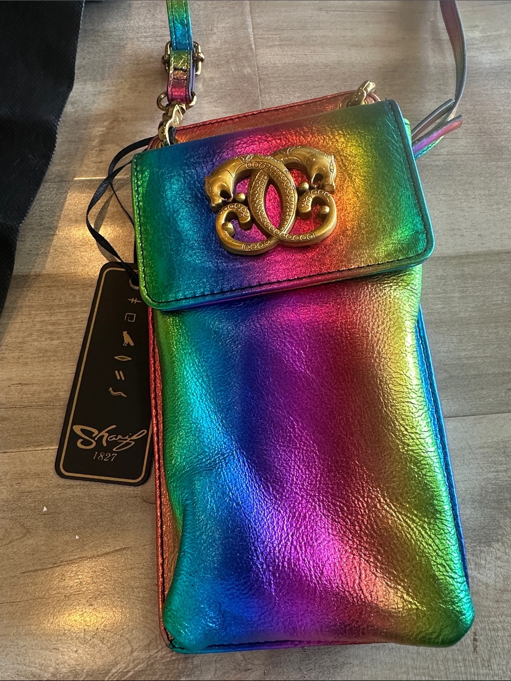 Sharif Iridescent Rainbow Leather Phone Crossbody with Gold Logo